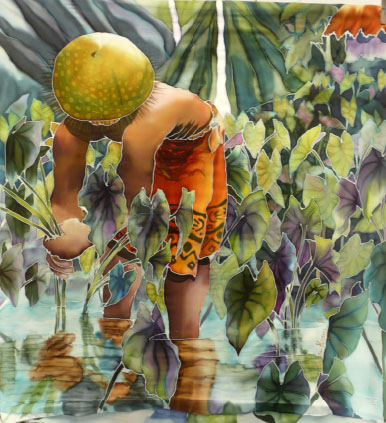 In Hawaiian spiritual mythology, the taro plant represents the first human incarnation. The Hawaiian people are connected with the taro plant, as they are with their own geneology. We are reminded to care for the plants and the Earth to sustain the people. Silk painting by Kristi Kranz. 