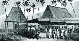 A depiction of the first thatched church on this site and the first Christian church in the Hawaiian Islands. c. 1820. –T. Dixon, Bernice Pauahi Bishop Museum 