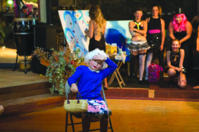 Lilikoi Canas, age 9, as Sophia Petrillo in a Golden Girls tap piece, performing at the Ladies Artisan Market at the Edible Institute, November 2016. photo by Brigid Huamani, courtesy of Kona Dance and Performing Arts