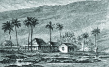 Author George Leonard Chaney, described his stay in Moses Barrett’s guesthouse at Ka`awaloa in 1880. This photo shows Moses Barrett’s House and the Captain Cook Monument. ca. 1800. from “Alo’ha!”: A Hawaiian Salutation