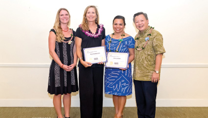 In May, Kohala Institute’s effort in restoring GRACE Center was recognized by the Historic Hawai‘i Foundation with a 2017 Historic Preservation Honor Award. From left to right, Katie Schwind, KI project development coordinator; Katie Stephens, architect, Mason Architects; Noelani Kalipi, KI executive director; Alan Tang, KI board member. photo courtesy Kohala Institute