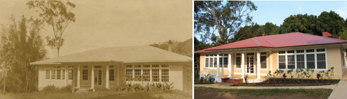 These photos show an original GRACE Center building on the left, and the restored building on the right. photos courtesy Kohala Institute