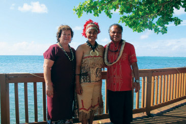 Celeste with her Aunt Tina Tilo and her teacher, Pwo Master Navigator Kālepa Baybayan, following her homecoming ceremony at her village of Faleapuna on the island of ‘Upolu, Samoa. photo courtesy Keli Takenaga