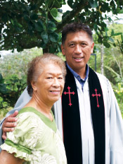 Violet Makuakane and her son Rev. Ken Makuakane. Members of the Makuakane family have been ministers of 'Opihikao Congregational church for five generations. 