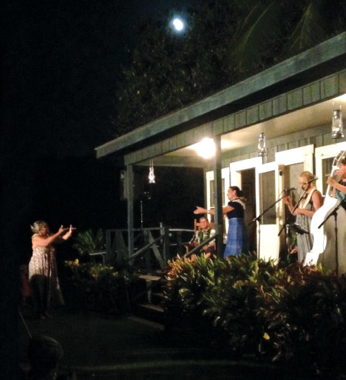 Hula under the full moon, Tumu Naleialoha Napaepae-Kunewa, Kaulu Michelle Amaral, and the Lim Family at Twilight at Kalāhuipua‘a. photo by Gayle Greco