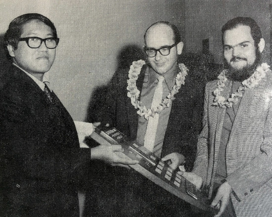 1970- Eugene Tao (l) presents Member of the Year award to Walt Southward and Hugh Clark (far right).