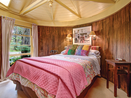 Cottage #44’s bedroom began its existence as a redwood water tank. 