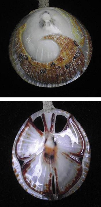 Top: Alohilani’s Opihi Art & Jewelry fishhook pendant. Bottom: Alohilani’s Opihi Art & Jewelry butterfly pendant.