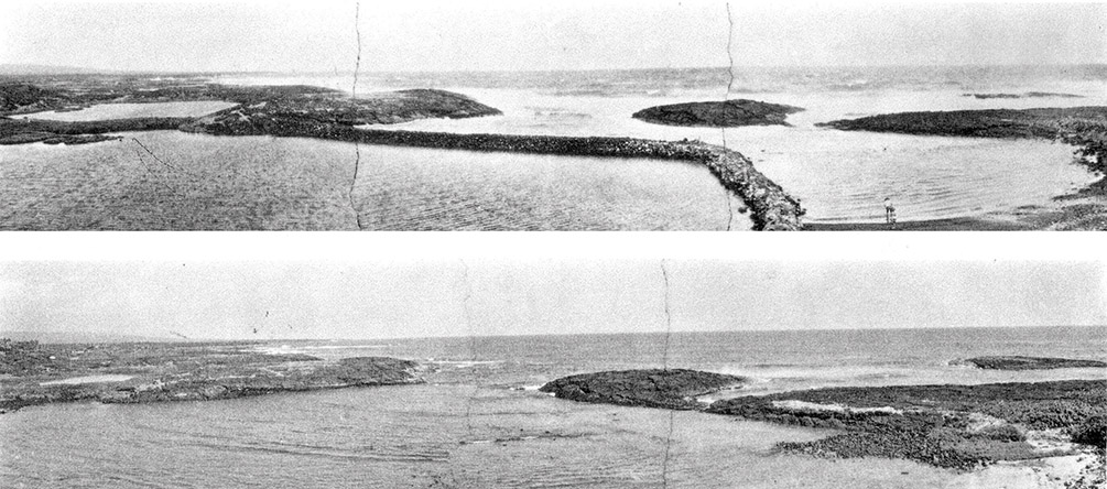 Nīnole Fishpond in Ka‘ū. Top: Looking eastward from the pali, Aug 21, 1954 Lower: The remains of the wall after tsunami and high surf destroyed it, Mar 13, 1972. photo by Neal Crozier 