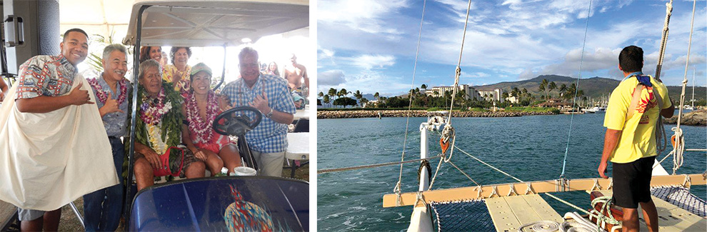 Left: Governor Ige, Mayor Caldwell, and delegation of Hawai‘i leaders welcome the voyaging canoe, and honor “Uncle Buffalo,” Keaulana. photo by Honolulu Dept. of Parks and Recreation. Right: Arrival at Ko Olina Marina January 2018. 