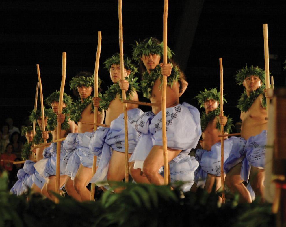 Kahiko Kane Hula performance by Ka Pā Hula O Ka Lei Lehua of Nānākuli, Hawai‘i at the 2006 Merrie Monarch Festival. photo courtesy of Aaron Miyasato