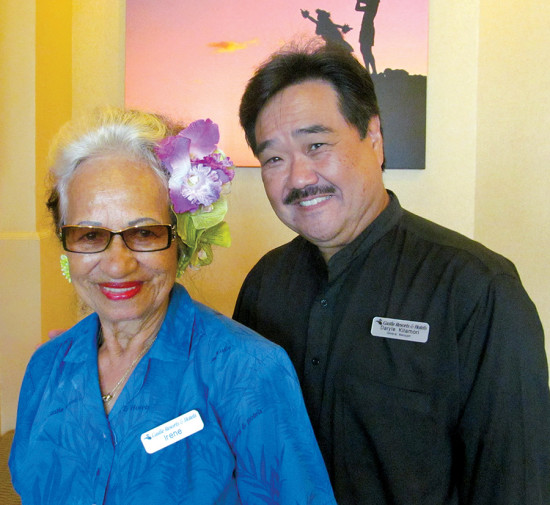 Hilo Hawaiian Hotel's 43-year employee Irene Midel with General Manger Daryle Kitamori. (photographer unknown), photo courtesy of Aaron Miyasato