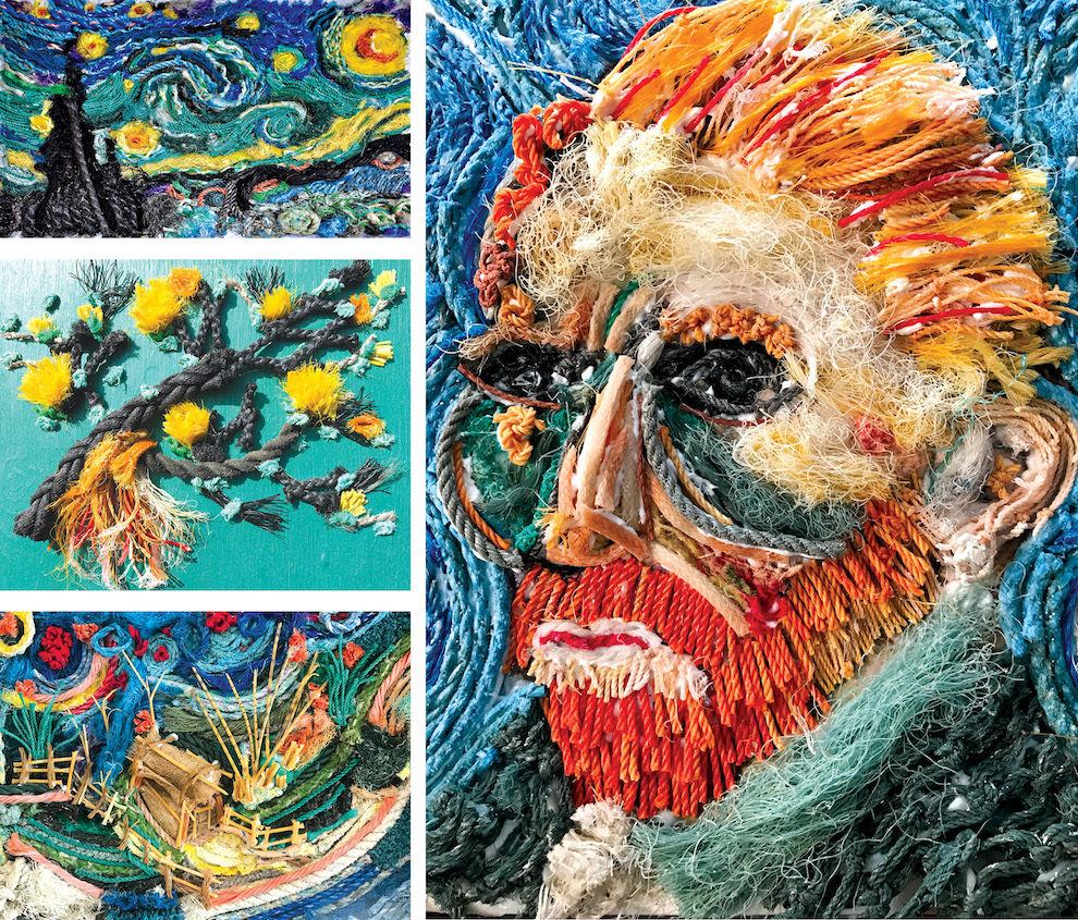 Top left: Vincent van Gogh's Starry Night inspired this rope and net piece. Middle left: Yellow lehua branch made from various ropes and net fibers. Bottom left: Bottom left: Little Grass Shack from mixed rope, net, and plastic debris. Right: Rope and fiber "selfie" of Vincent van Gogh. photos by Ikey Jackson 
