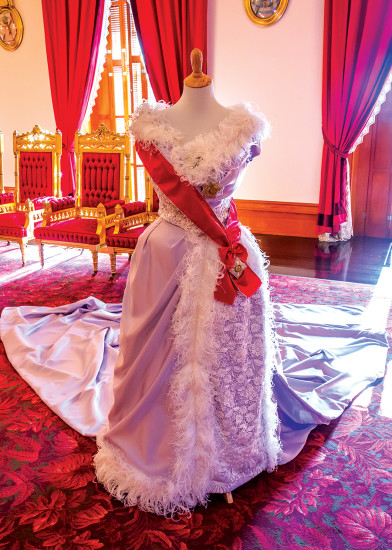 Reproduction of Queen Lili‘uokalani’s coronation gown, on display at ‘Iolani Palace. photo courtesy of Bonnie Nims