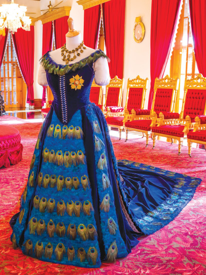 Reproduction of the Peacock gown worn by Queen Kapi‘olani, on display at ‘Iolani Palace. photo courtesy of Bonnie Nims