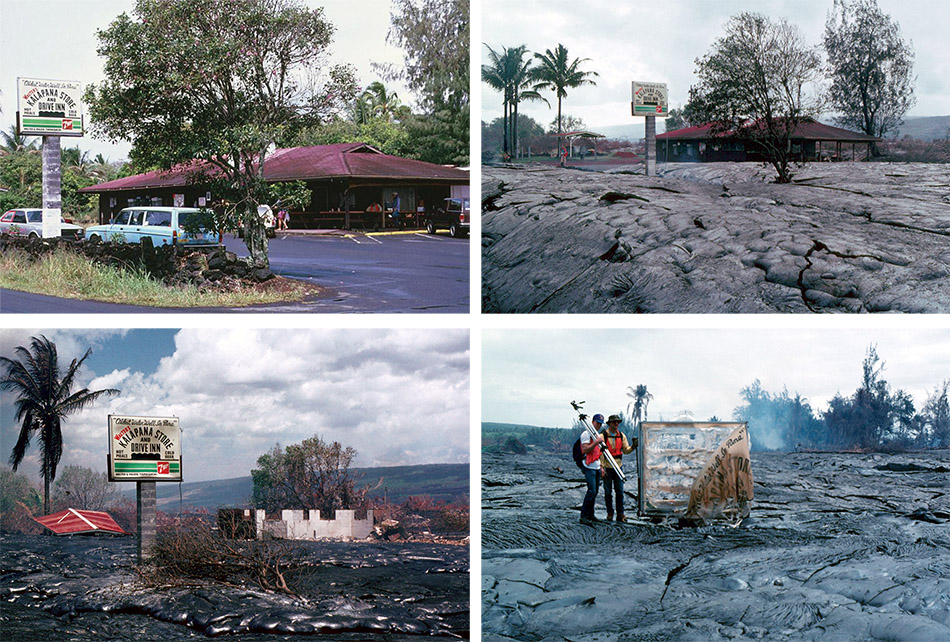 Walter Yamaguchi’s Kalapana Store and Drive Inn, “The oldest water well in Puna,” April 23, 1990 (top left). The store burned down on June 6, the 161st structure overrun by lava (top right). Concrete walls of the store and roof of the post office are in the background. The store sign, with its eight-inch high concrete blocks, was one of the means used to measure the height of the lava flow. photos by J.D. Griggs