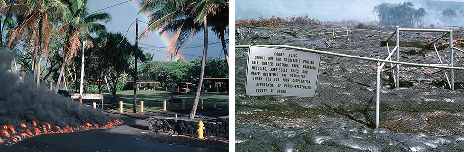 Lava enters Harry K. Brown Park, renamed in 1953 after Brown, a county auditor, whose ancestral home was in Kalapana (left). “Court rules” superseded by lava at the remains of Harry K. Brown Park (right). photos by J.D. Griggs, 6/30/90