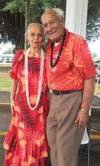 Long-time volunteers in the Alu Like program and musicians for Hilo Hula Tuesday, in their 90s, are Leilani and Clem Malani. photo by Karen Valentine
