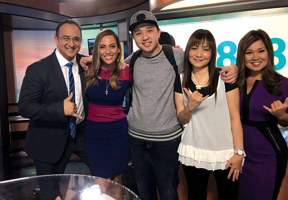 A two-time Nā Hōkū Hano Hano award finalist, word is spreading about Kris and his music. Kris and his mother Keiko (second from right) are pictured with the KHON 2 Wake Up Today team after Kris’ performance on the news show. photo courtesy of Krystal Fuchigami