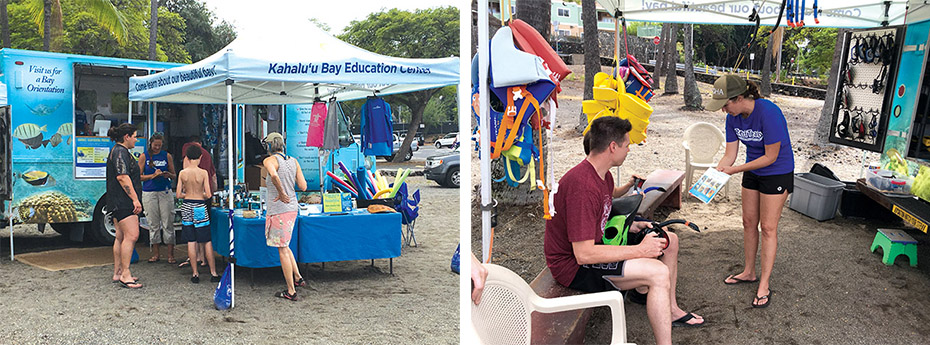 Left: Tricia Gunberg integrates safety tips and reef etiquette as she helps visitors at the Kahalu‘u Bay Education Center. Right: "Being here at one of the most popular beaches, we are able to reach so many people, who then spread the message around the world. It’s a pretty powerful tool," says Kathleen Clark, operations and education specialist. 