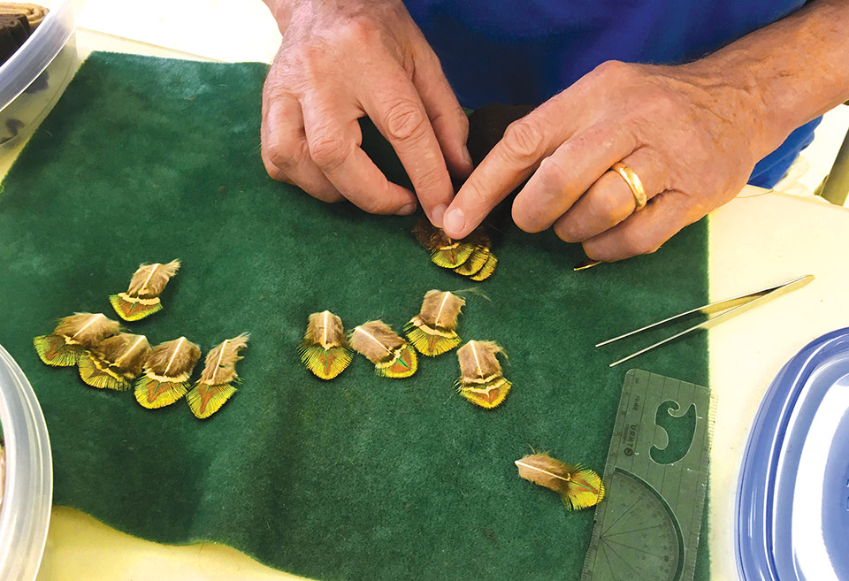Thane Pratt meticulously sorts tiny peacock feathers.