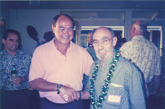 George with Dave Hardouin, president of Fiesta World Travel, one of the travel companies that flew direct from Vancouver to Kona before 1996. photos courtesy of George Applegate
