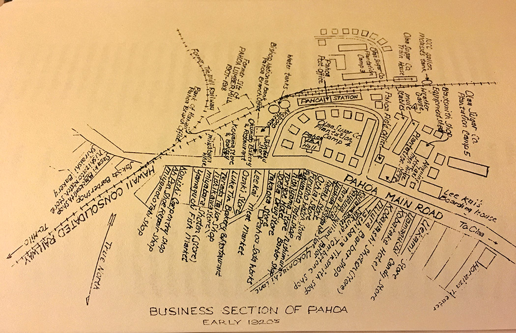 The Business Section of Pāhoa in 1920, published in Hiroo Sato’s book “Pahoa Yesterday”. photo courtesy of Tiffany Edwards Hunt 