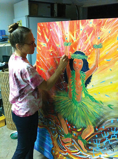 “Hula moves me. The drum beat is that of a heartbeat; the stories told with sign language are meaningful. I try to capture the movement and energy in my painting of the “Hula Kahiko.”