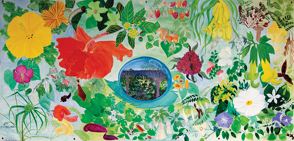 This Wao Lama field guide to the native plant flowers of Kaʻūpūlehu and Kealakehe dryland forests has become an essential learning tool both digitally, and in the form of a 3ʻ x 6ʻ weatherproof roll-up vinyl mural. It is used in the forest and in presentations to the community and classrooms. The original 5ʻ x 10ʻ mural was painted on canvas (without numbers) by a collaborative group of people from different walks of life, all dedicated to the care and perpetuation of native plants. The foundational botanical design and outlines were the artistic and diligent work of interns Leah Ingram and Pua Herron-Whitehead, with concept by Yvonne Yarber Carter. The mural used in this learning resource began with an invitation to participate in a statewide event to paint 16-murals celebrating the land and the United Nationʻs “International Year of the Forest” from the mountain to the sea. As part of the Ka‘ūpūlehu dryland forest project, Ho‘ola Ka Makana‘ā agreed to paint a mural representing the dryland forest, and in turn invited partners from Ka‘ūpūlehu mauka to makai, and La‘i‘Ōpua at Kealakehe to hui (gather together) to express through art, their aloha and dedication to the legacy of these rare natives. The mural hui included 23 painters from age 7 to 60.