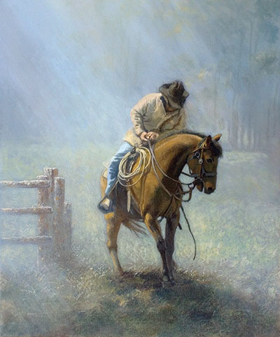 “Comin’ In Outta’ the Rain”–Ed is enamored with the possibility of creating a dramatic atmosphere around his primary subjects each time he begins a painting. He enjoyed this one immensely.
