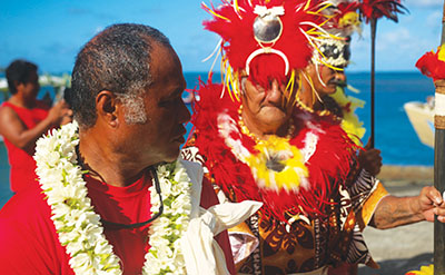 Maupiti Arrival, Kālepa Baybayan. Hōkūle‘a Image ® Polynesian Voyaging Society; Photo © ‘Ōiwi TV. Photographer: Scott Kanda