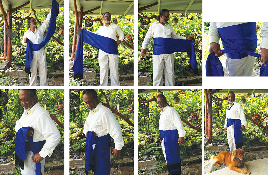 Manu Josiah demonstrates a simple method of tying the Kā‘ai. Reading left to right, top row first. 1) Find the center of the kā‘ai. 2) Place center on left hip, pulling both pola to your right. 3) Cross the pola on the right hip, and bring around to the left. 4) Pulling the kā‘ai tight, tie a square knot with the pola. 5) Tuck the forward pola between the waist of the kā‘ai and your shirt, pulling it all the way through. 6) Smooth the lower pola so it lies flat to your hip and leg. 7) Smooth the upper pola; the upper pola should hang slightly higher than the lower pola. 8) Put on your lei! Kā‘ai photos by Leilehua Yuen