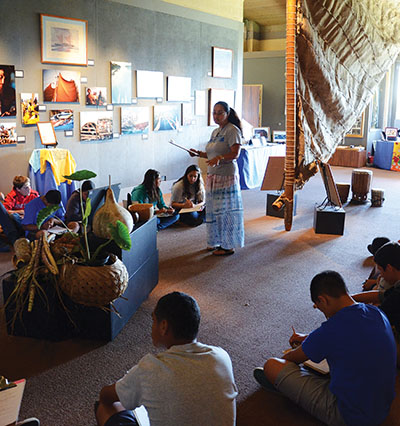 Kumu Pua Case and students at the Voyager Exhibit, Kahilu Theater