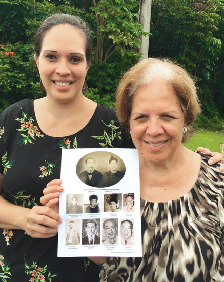 Jamelyn and Gwen holding a collection of photos of their relative Toshiro Sato, his wife Kalala, and their children. photo by Lara Hughes