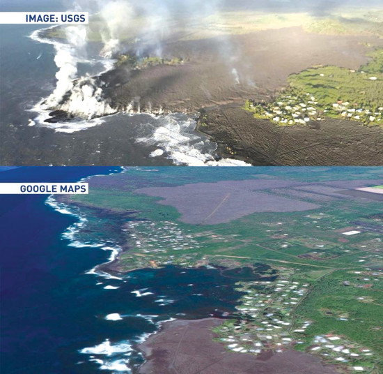 Top photo is Kapoho after the lava flow of 2018. Bottom photo is from Google Maps before the lava flow. photos courtesy of USGS and Google maps