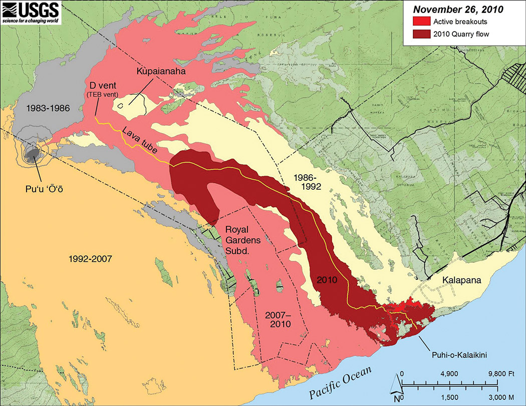 A color-coded map of lava flows from the Pu‘u ‘Ō‘ō and Kūpa‘ianahā vents organized by year, with Kalapana in the bottom right. photo courtesy of USGS