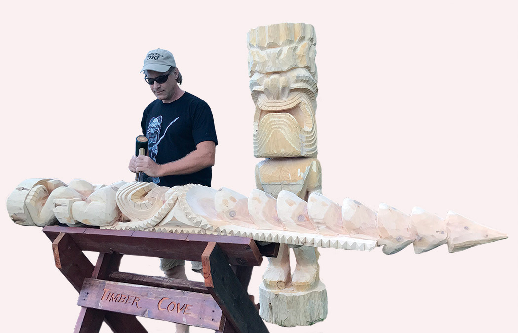 Kevin Murray carving one of his tikis. photo courtesy of Kevin Murray
