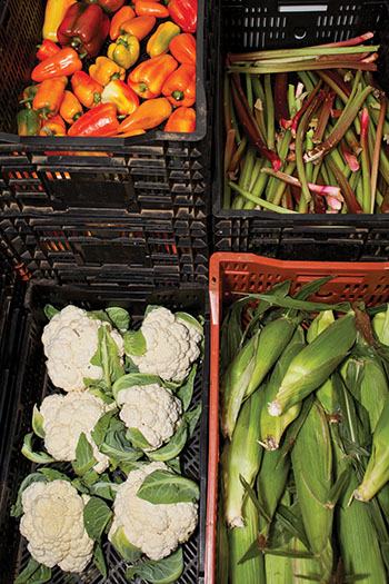 A variety of local produce is ready to be boxed up.