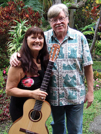 Dennis with Owana Salazar, the first woman to tour with the Hawai‘i Slack Key Festival. photo courtesy of Nancy Lake