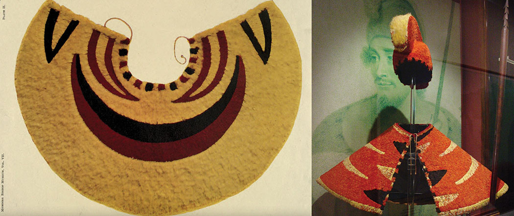 Left: The Lady Franklin Cape, Memoirs Bishop Museum Vol. VII, Plate II. public domain photo. Right: Hawaiian Chief’s Feather Cloak (‘ahu ‘ula) and Helmet. photo by Gary Sizemore
