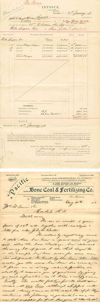 Above: Hilo Sugar Company Invoice. Below: Bone Coal & Fertilizing Co. Letter.