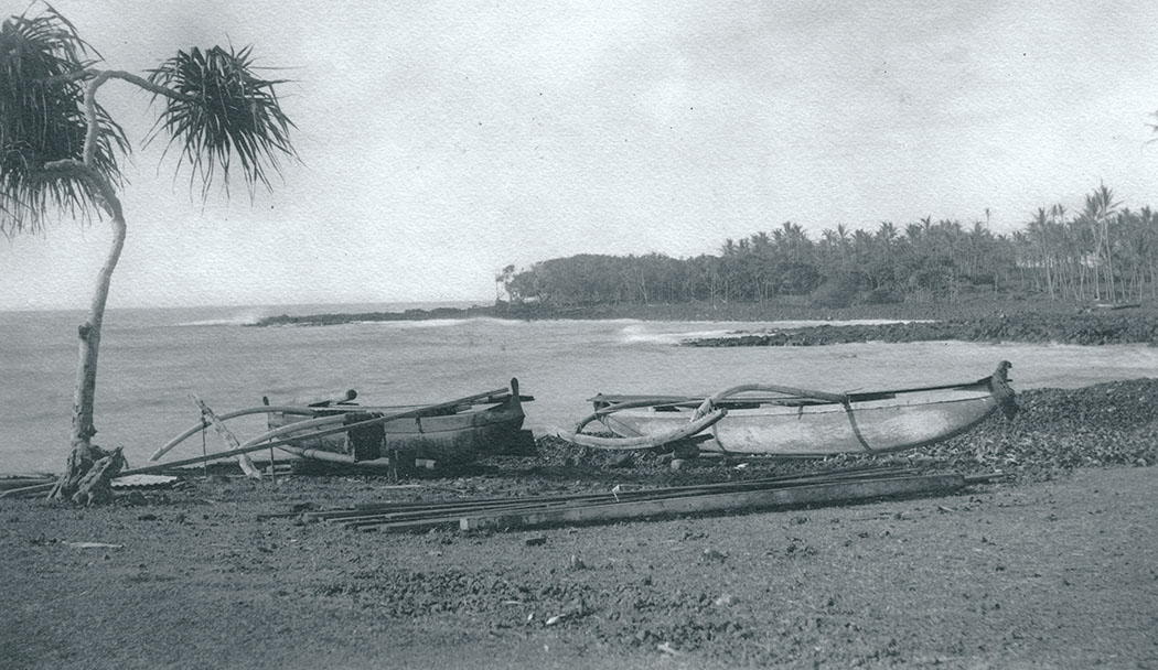 Two outrigger canoes at Pohoiki, now the location of Isaac Hale Beach Park. photo from the Lyman Museum Archives