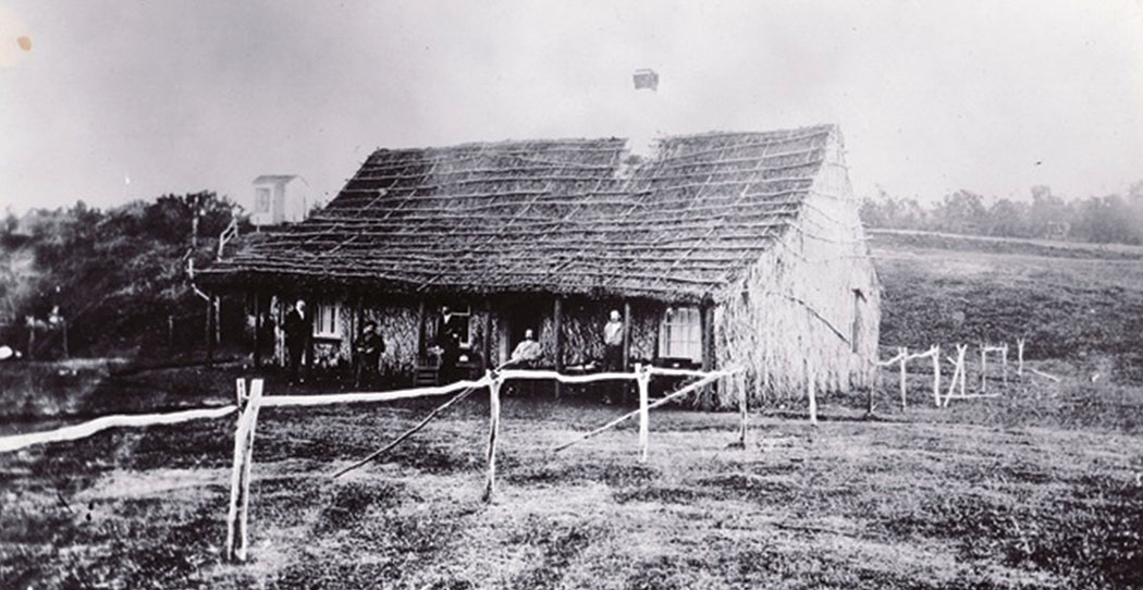 Volcano House Hotel circa 1866, at the edge of Kīlauea volcano. Mark Twain stayed here and wrote about it in his book "Roughing It."