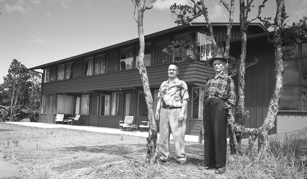 George Lycurgus with son Nick in front of Volcano House annex October 5, 1953. photographer Tobin, Hawai‘i Volcanoes National Park Photograph Collection