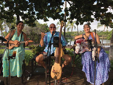 The favorite Hawaiian music trio, Hōkū Pa‘a, playing at Napua Restaurant at Mauna Lani Beach Club. photo courtesy of Tani Waipā