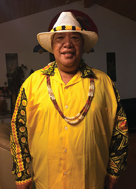 Kumu Kele wearing one of his original Ni‘ihau shell lei. photo by Paula Thomas