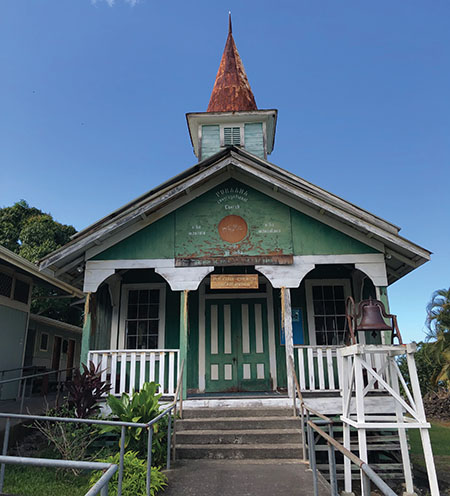 Puka‘ana Church was built of stone and coral near the shoreline in South Kona by Rev. John. D. Paris. The Rev. used different materials depending on a church's location, and as with Helani Church, when the congregation moved upland, the mauka church was built of wood. photo by Denise Laitinen
