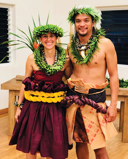 Kūha‘o and his hālau sister in their ‘a‘ahu (ceremonial performance outfit) that they made with all-natural materials. photo courtesy of Kūha‘o Zane