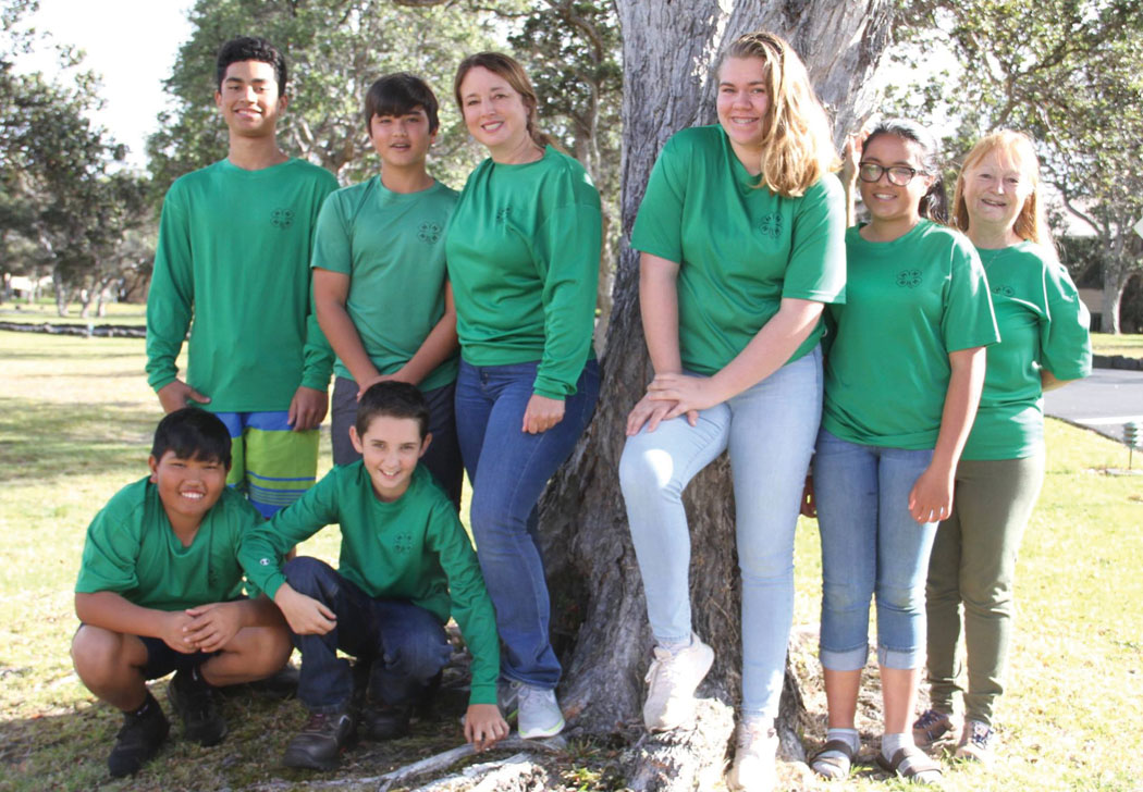 Posing for a photo during the Hawai‘i County 4-H Camp in January 2019 were Country Clover Club members from left kneeling: Caleb Kaniho and Darsen Nobriga; and from left standing: Makakoa Martines, Eli Higa, 4-H leader Lynn Higa, Nahenahe Rosario, Lilia Keakealani, and 4-H leader Beverly Cypriano. photo courtesy of Becky Settlage