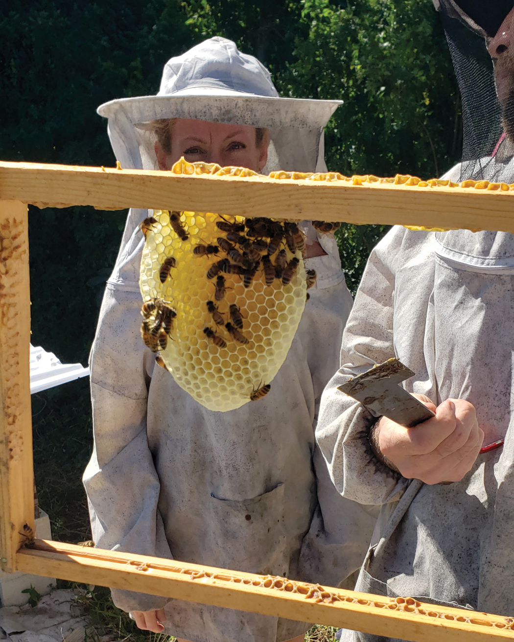 Ryan Williamson shows Sara Stover honeycomb being built in a hive in Na‘ālehu. 